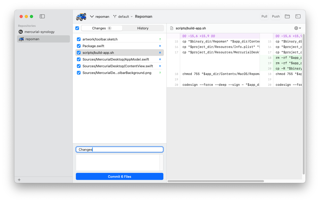 Repoman showing repositories, changed files, a commit form, and a side-by-side diff